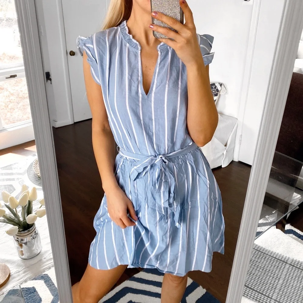 π¦ LOFT BOHO POWDER BLUE WHITE STRIPE BELTED RUFFLE SUMMER DRESS! - Picture 1 of 10